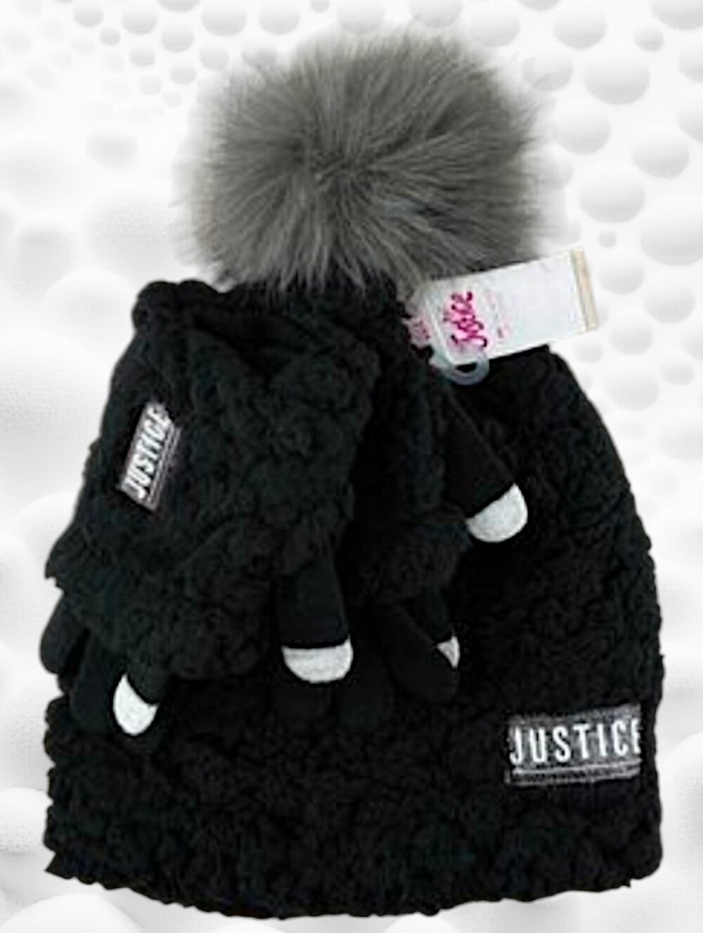 ❤️ Justice Black Knit Pom Beanie with Touchscreen Gloves